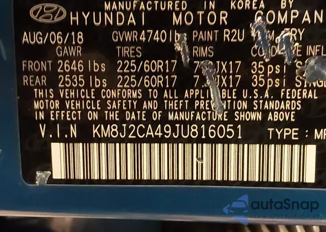 2018 Hyundai Tucson Se from USA, damaged, VIN KM8J2CA49JU816051